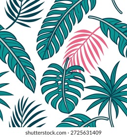 Vibrant summer leaves seamless pattern with tropical palms and bright colors for a fun exciting vibe concept as Brightly colored tropical palms arranged seamlessly to create a fun and exciting summer atmosphere in any room in Photo Stock Concept and empty space on the left side,no text --ar 7:2 --tile