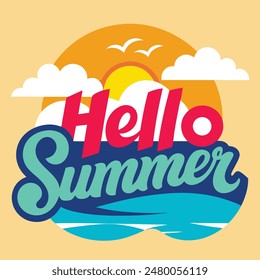 Vibrant summer lettering text design, featuring a stunning sea beach vector illustration for seasonal and creative projects.
