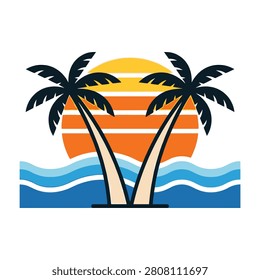 A vibrant summer logo featuring two palm trees silhouetted against a setting sun and stylized blue ocean waves. Perfect for travel agency branding and beach theme.
