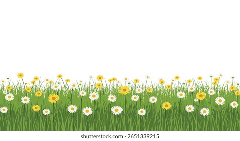 Flor vibrante de prado de verão com delicadas flores silvestres brancas e amarelas sobre grama verde exuberante