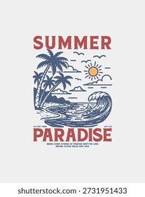 Una vibrante escena del paraíso de verano con exuberantes palmeras, una ondulante ola marina y un cielo soleado, que evoca una sensación de escape tropical.