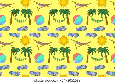 Vibrant summer pattern featuring beach balls, palm trees, hammocks, flip flops, and suns. Perfect for seasonal designs and backgrounds.