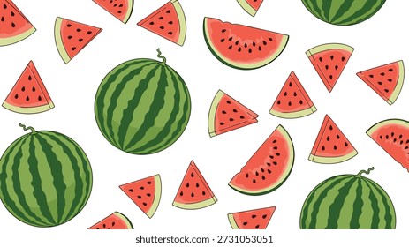 Vibrante patrón de verano con Grandes sandías enteras y muchas Pequeñas cuñas rojas con semillas sobre un fondo blanco.