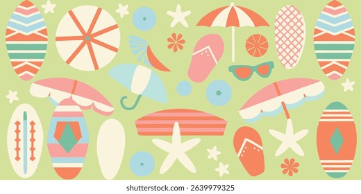 Vibrant Summer Pattern Seamless Beach Themed Design with Surfboards and Umbrellas