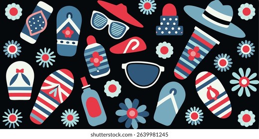 Vibrant Summer Pattern Seamless Beach Themed Design with Hat, sun glasses