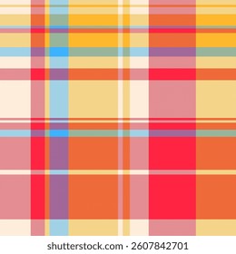 Vibrant summer plaid pattern in cheerful orange, red, yellow, and light blue hues. Ideal for textile designs, fashion prints, and website backgrounds.