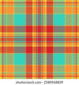 Vibrant summer plaid pattern in orange, red, and turquoise.  Perfect for textile design, fashion, websites, and branding.  Bold, geometric design with a playful feel.
