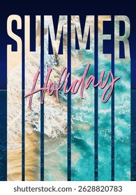 Vibrant summer poster with beach wave view inside bold "SUMMER" letters. Summer holiday typography with beach vibes. illustration