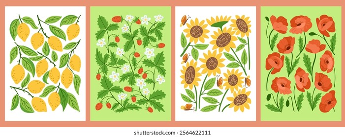 Vibrant summer poster set with lemons, strawberries, sunflowers, and poppies in retro 60s style with bold colors and playful patterns. Vintage botanical collection
