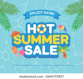 Vibrant summer sale background featuring bold text, pool water, palm leaves, and fun beach elements like ice cream, hat, lifebuoy, and umbrella perfect for seasonal promotions.
