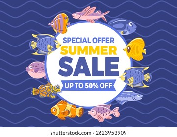 vibrant summer sale banner features colorful tropical fish, capturing the essence of underwater paradise. Perfect for promotions, it evokes a sense of adventure and excitement for seasonal offers.