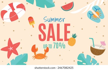 Vibrant summer sale banner featuring tropical and beach elements such as a pineapple, crab, coconut drink, starfish, and flip-flops. Ideal for promoting seasonal discounts.