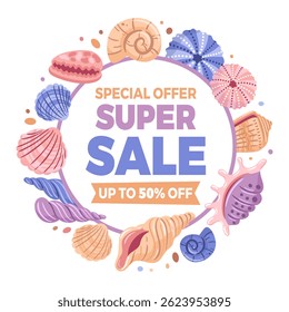 A vibrant summer sale banner featuring colorful seashells, evoking the beach vibes and warmth of the season. Perfect for attracting attention to sales and promotions. Celebrate summer in style