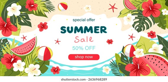 vibrant summer sale banner featuring tropical leaves, flowers, watermelon slices, beach balls. Perfect for promoting seasonal sales