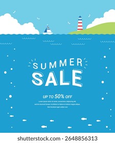 A vibrant summer sale banner featuring ocean scenes and typography, including waves, boats, lighthouses, islands, and clouds. Perfect for seasonal promotions, travel, and beach-themed marketing.