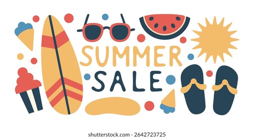 Vibrant Summer Sale banner with playful beach and vacation themed illustrations.