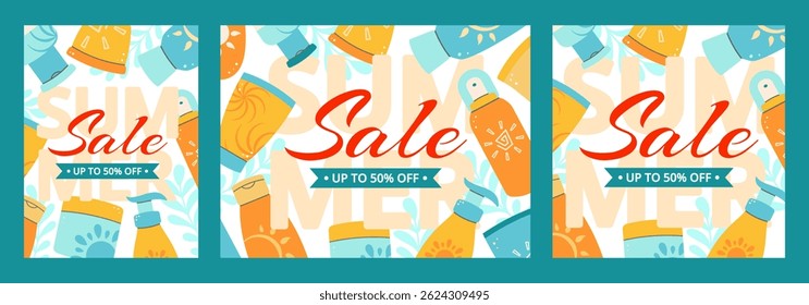Vibrant summer sale poster with sunscreen bottles, colorful banners. Perfect for promotions, discounts, or seasonal marketing. Template for design. Vector illustration. 