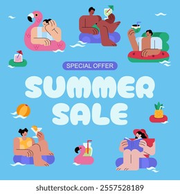 Vibrant Summer Sale template. Featuring a diverse group of people relaxing at the pool or beach, with colorful floaties, drinks, and other summer essentials.