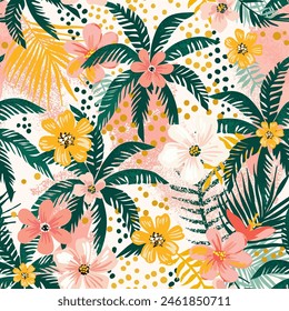 A vibrant summer seamless pattern. Tropical flowers and palm leaves. Polka dot background. Hawaiian print. 