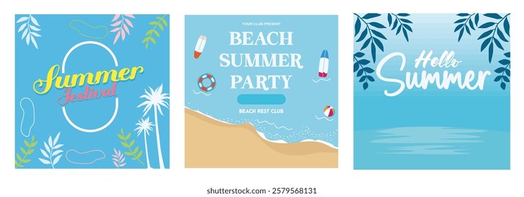 Vibrant summer themed banner. Featuring tropical elements and beach. Summer concept. Flat vector illustration.