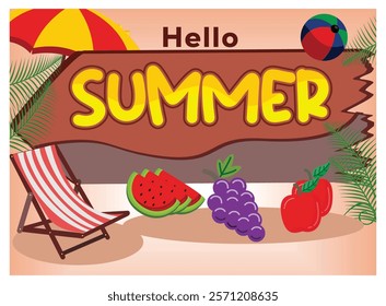 Vibrant summer themed featuring fresh fruits, a beach chair, umbrella, palms, and a playful typography design invoking feelings of warmth, relaxation, and fun in the sun.