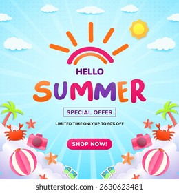 Vibrant summer themed illustration featuring promotional text, tropical elements, and bright colors. Perfect visual for marketing campaigns, sales, and warm season related promotions.