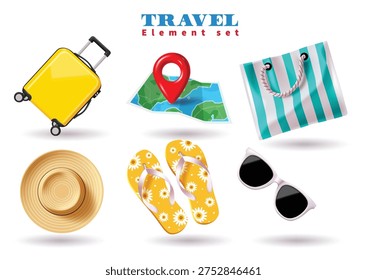 Vibrant Summer Travel Element Set Featuring Yellow Suitcase, Map, Beach Hat, and Flip Flops Vector