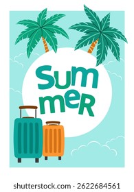 Vibrant summer travel poster with palm trees, suitcases, and a tropical beach vibe. Ideal for vacation, holiday, or travel designs