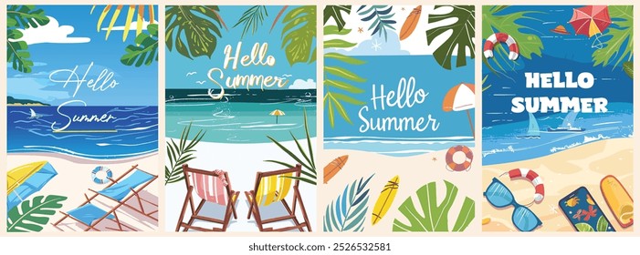 Vibrant Summer Travel and Vacation Background. Editable Vector Templates Featuring Exotic Beach and Nature Elements for Posters, Banners, and Sales Promotions.