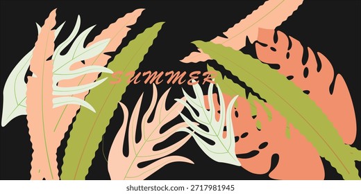 Vibrant Summer Tropical Leaves Pattern on Dark Background for Nature and Design Projects