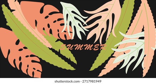 Patrón vibrante de hojas tropicales de verano sobre fondo oscuro para proyectos de Naturaleza y diseño, arte, abstracto,