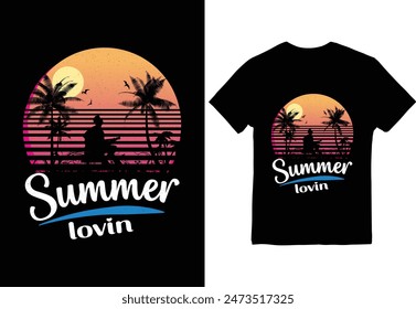 A vibrant summer t-shirt design featuring a sunset beach scene with palm trees and a relaxing silhouette