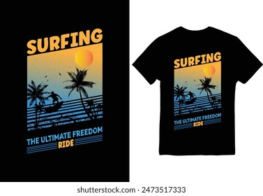 A vibrant summer t-shirt design featuring a sunset beach scene with palm trees and a relaxing silhouette