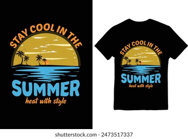 A vibrant summer t-shirt design featuring a sunset beach scene with palm trees and a relaxing silhouette