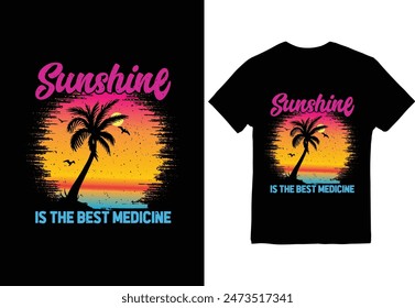 Un diseño de camiseta de verano vibrante con una puesta de sol en la playa con palmeras y una silueta relajante
