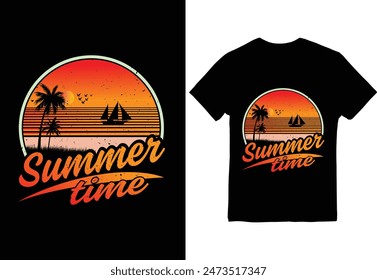 Un diseño de camiseta de verano vibrante con una puesta de sol en la playa con palmeras y una silueta relajante