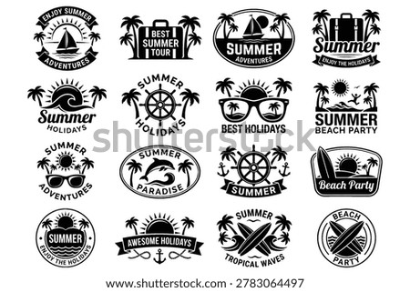 Vibrant summer vacation branding logos collection featuring tropical waves, sunsets, and beach party motifs in bold black and white minimalist design