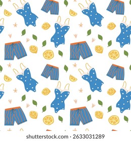 Lebhaftes Sommerurlaubsmuster mit Badebekleidung und Zitruselementen für Designprojekte.