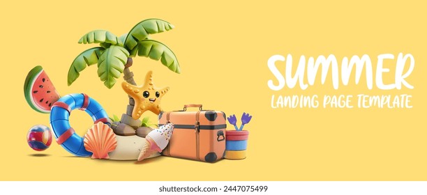 Vibrant Summer Vacation Set with Cute Beach Accessories. A playful collection of summer vacation essentials, featuring a smiling starfish, beach ball, palm tree, and a melting ice cream cone. Vector