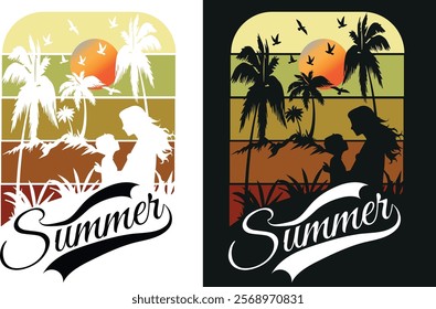 A vibrant "Summer Vibes" T-shirt design with tropical elements like palm trees, sunsets, waves, and bold, colorful text, radiating warmth and relaxation! Perfect for sunny adventures.