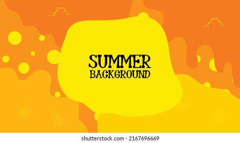 Vibrant summer-themed background with bold yellow and orange abstract shapes, sun icons, and the text