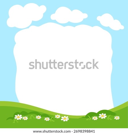 A vibrant summer-themed frame featuring a grassy hill, fluffy clouds, and bright flowers.