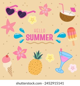A vibrant summer-themed graphic featuring sunglasses, tropical flowers, a coconut drink, and other holiday icons. Vector illustration.