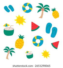 Vibrant summer-themed illustration featuring tropical fruits, palm trees, flip-flops, and beach items, ideal for seasonal designs and creative projects.