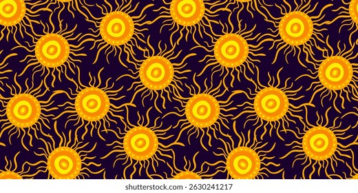 vibrant sun seamless pattern with abstract yellow orange solar shapes on dark purple background – summer boho style vector for textile, decor, and web