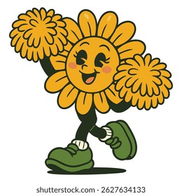 Vibrant sunflower character acting as a cheerleader with pom poms, spreading positive energy, perfect for motivational content, children’s books, and branding.