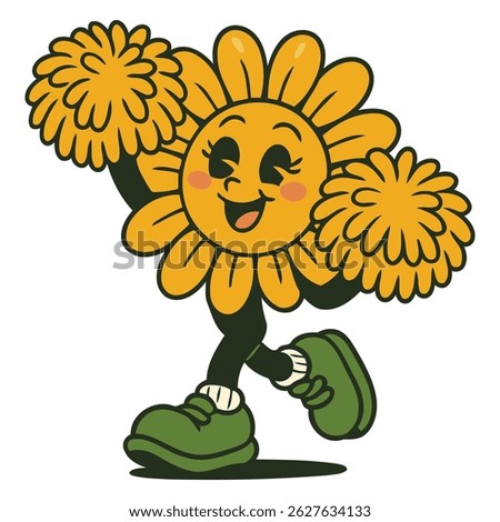 Vibrant sunflower character acting as a cheerleader with pom poms, spreading positive energy, perfect for motivational content, children’s books, and branding.