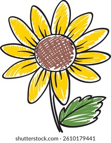 Vibrant sunflower illustration in a doodle style with bold outlines and textured colors, capturing a playful and cheerful essence