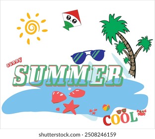 Vibrant Sunny Summer Vector Illustration – Bright Sun, Blue Sky, and Lush Greenery. Perfect for Seasonal Designs, Beach Themes, and Warm Weather Projects. High-Quality Vector File.