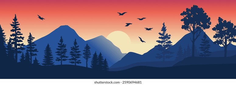 A vibrant sunset bathes the mountains and trees in hues of orange pink and purple. Silhouettes of birds fly across the sky creating a serene and picturesque atmosphere.